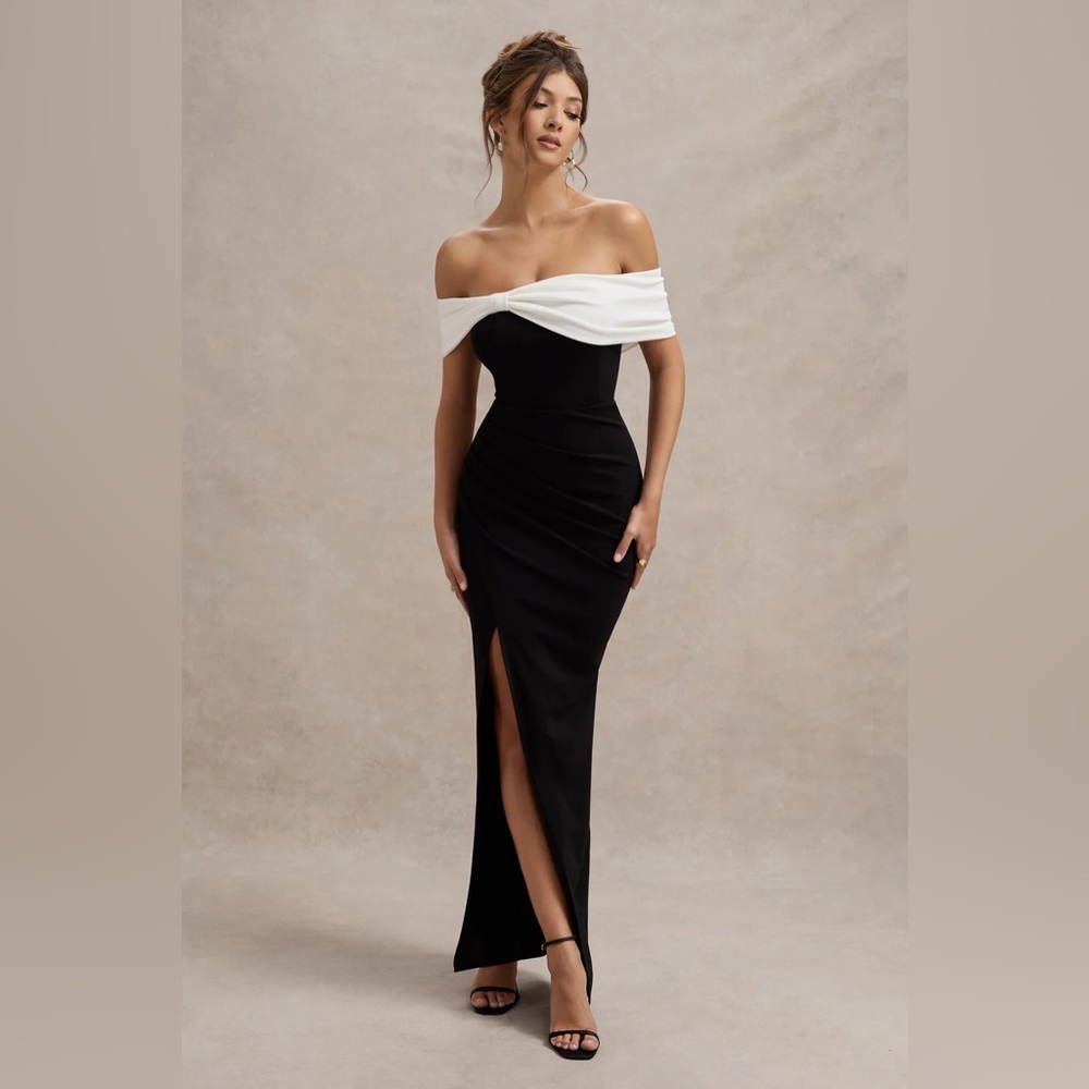 “Eva” Black & White Bardot Bow Maxi Dress + Thigh Split | Size US 4